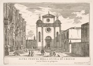 Plate 38: View of the facade of the church of St. Roch and at left the facade of the School